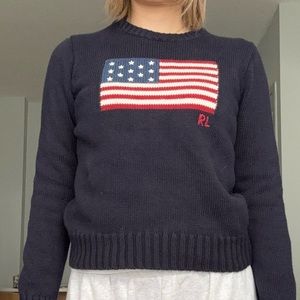 VINTAGE POLO RALPH LAUREN AMERICAN FLAG SWEATER NAVY women Small Made In USA